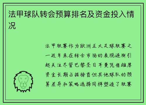 法甲球队转会预算排名及资金投入情况
