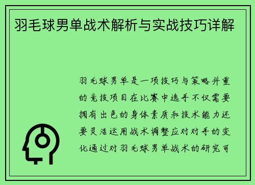 羽毛球男单战术解析与实战技巧详解